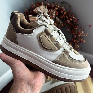 TMT Sunnei Womens Athleisure Teddy Colorblock Lace Up Sneaker Sz 6.5 White Khaki